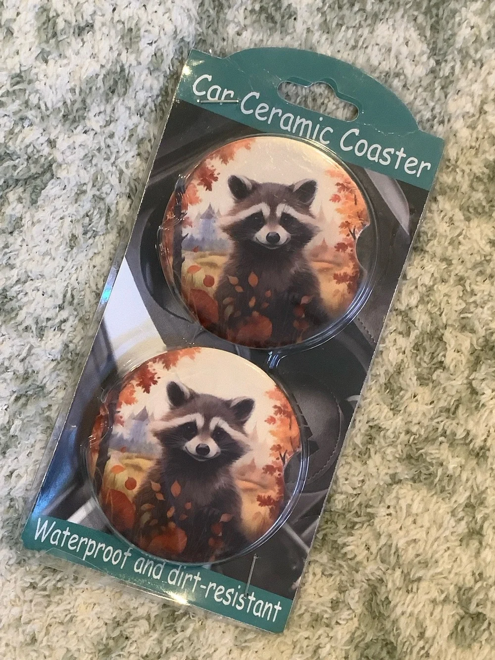 Raccoon Ceramic Car Coaster Set of Two, NWT waterproof 2.75”